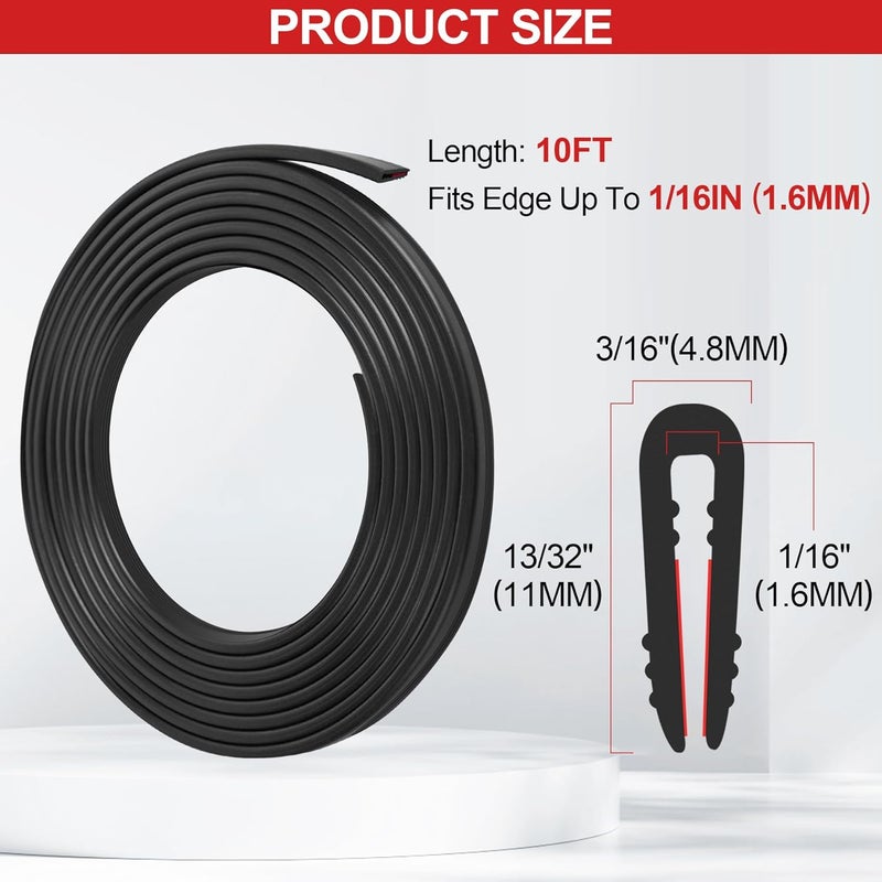 ToLanbbt حافة مطاطية على شكل U - واقي حافة معدني ذاتي اللصق بسمك 1/16"، شريط ختم EPDM لأبواب السيارات، ألواح فولاذية، زجاج، فتحات، زوايا الطاولات، يناسب 1/16" (1.6 مم)، 10 أقدام، أسود - Image 2